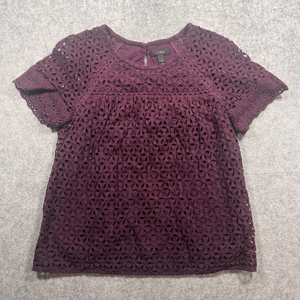 J.Crew Eyelet Short Sleeve Blouse 8 Burgundy Plum Cotton Lace Top